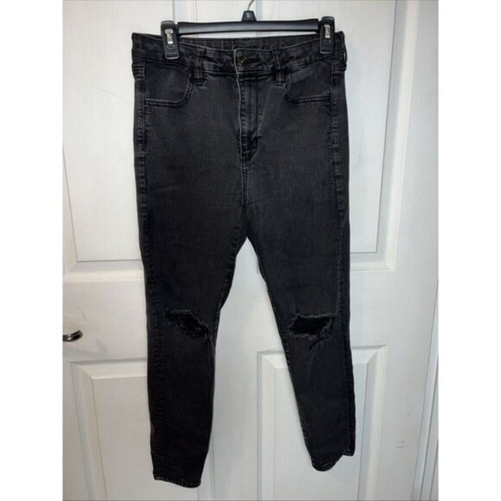 American Eagle Super Hi-Rise‎ Skinny Womens Size 10 Long Black Faded Distressed
